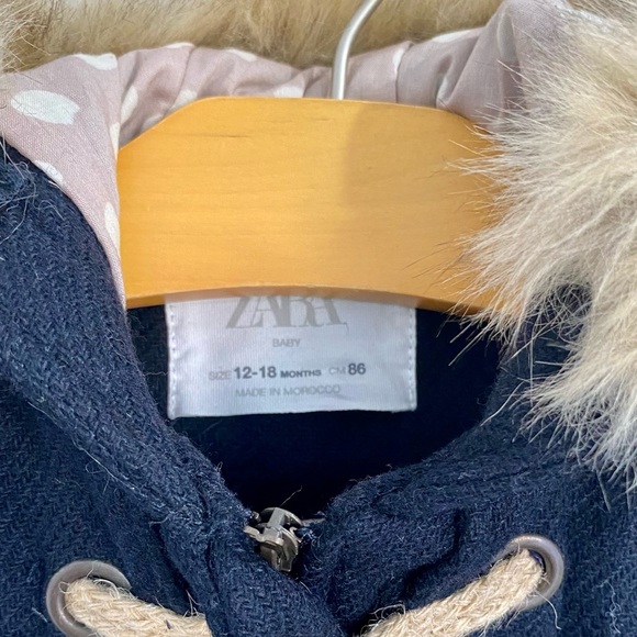 Zara baby zip front/toggle button closure, removable fur lined hood wool coat - Picture 7 of 7